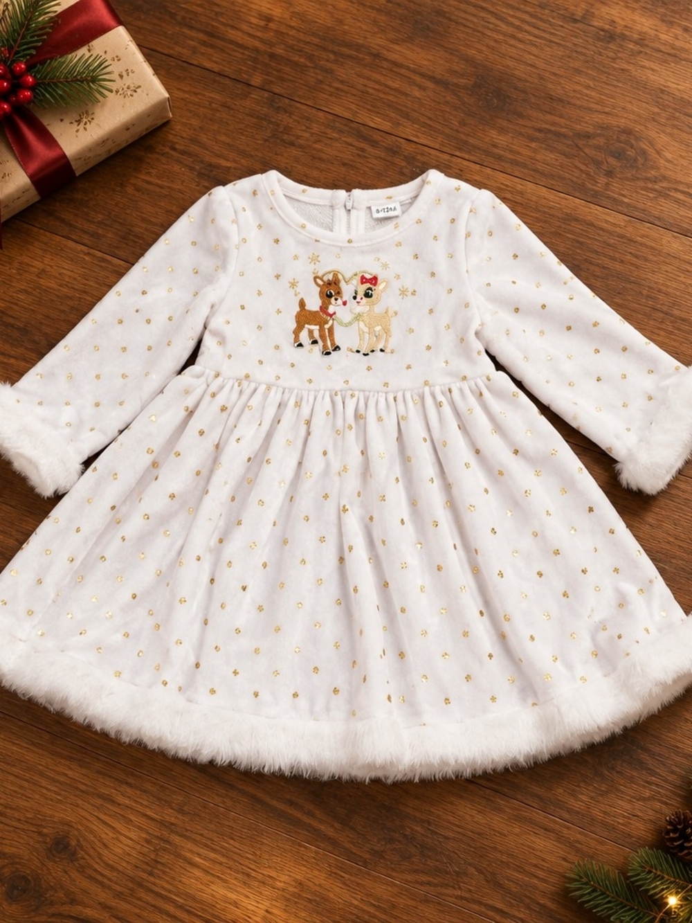 Baby Girls' White Holiday Rudolph Reindeer Velvet Dress with Gold Dots Sz 9 M